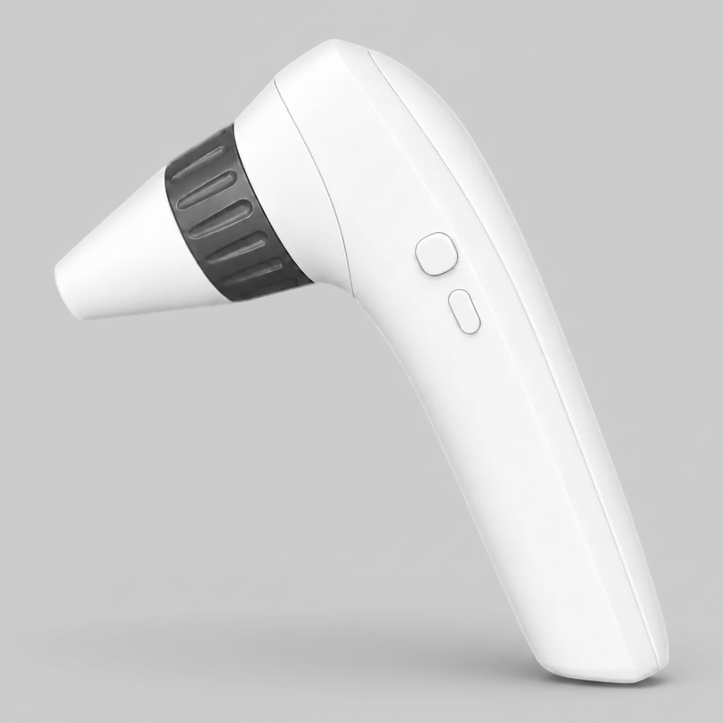 White handheld device with a gray nozzle on a white background